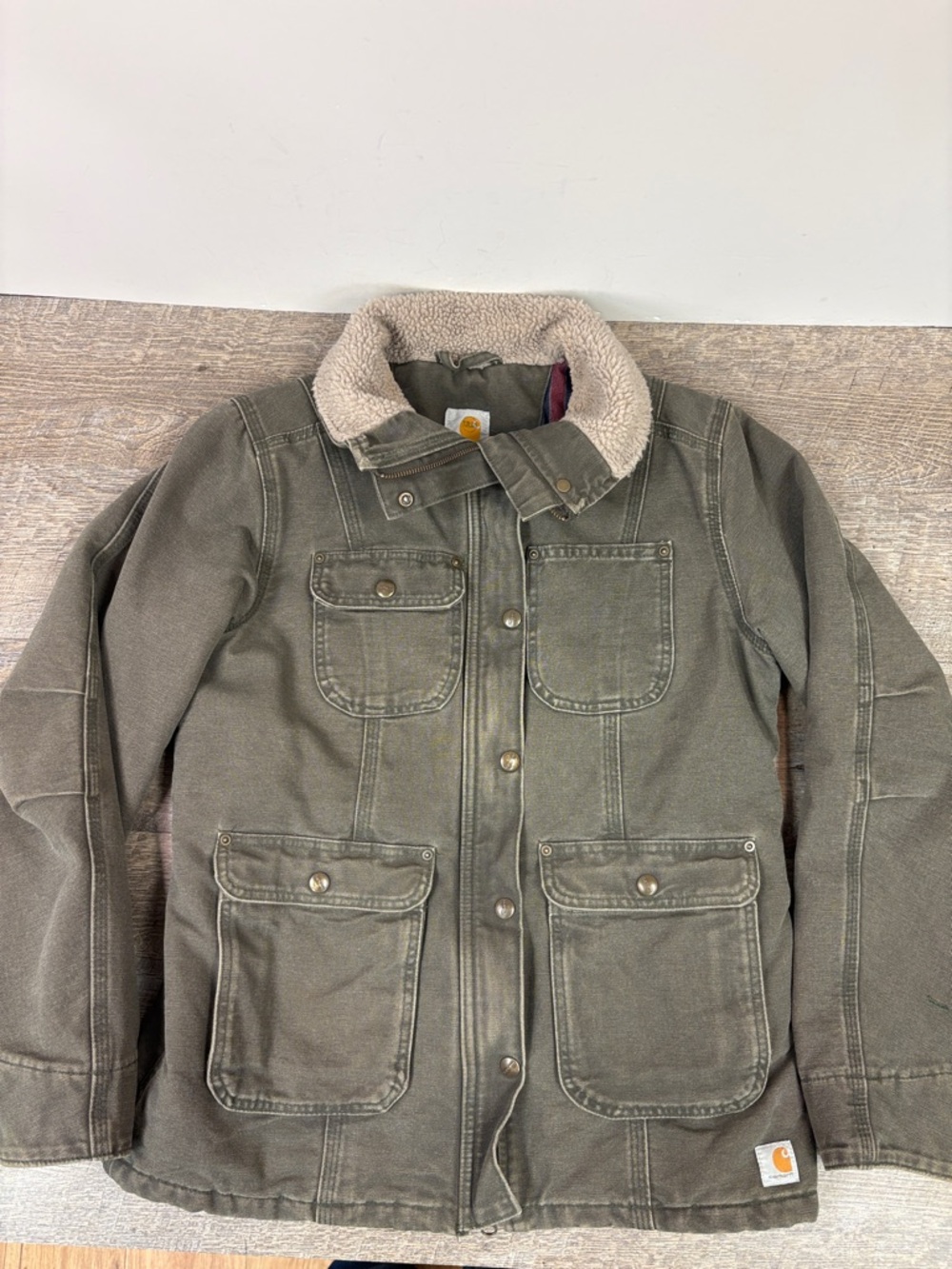 Carhartt Sherpa Lined Jacket Women’s Small 4/6 Olive Canvas Workwear Coat - Picture 2 of 10